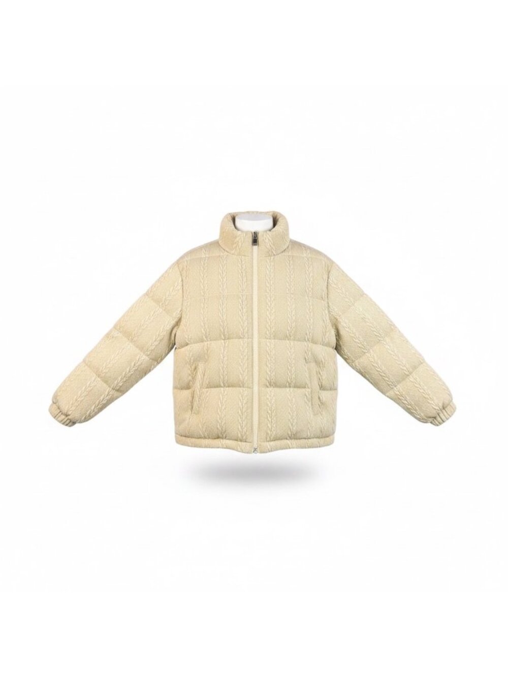Thecross Womens Beige Puffer Jacket Cable Knit Pattern